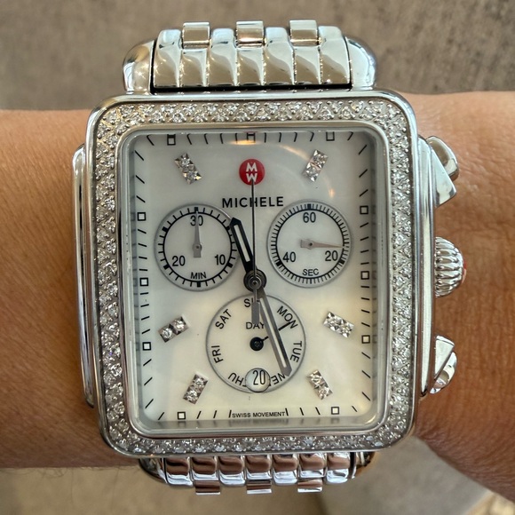 Michele Accessories - Michele Silver Chronograph Watch with Diamond Accents
